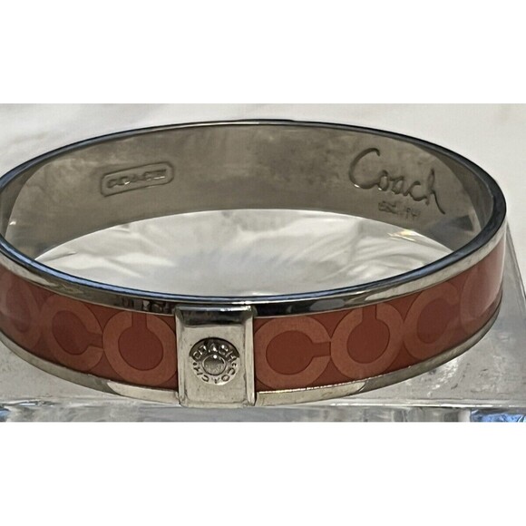 COACH Bangle Bracelet Signature Logo C Orange Enamel Silverplate Stackable - Picture 1 of 5